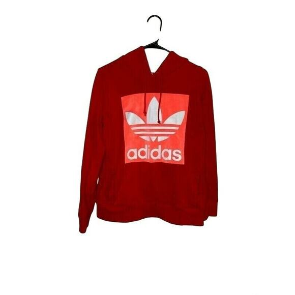 Adidas women’s Hoodie Red Pullover Long Sleeve Drawstring Spell Out Pockets XS - Picture 3 of 8